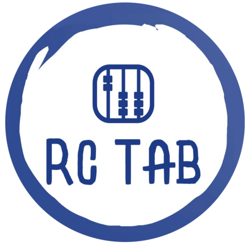 The RCTab logo. A white brushed circule surrounced by blue with a stylised abacus and the text "RC TAB" in the centre.