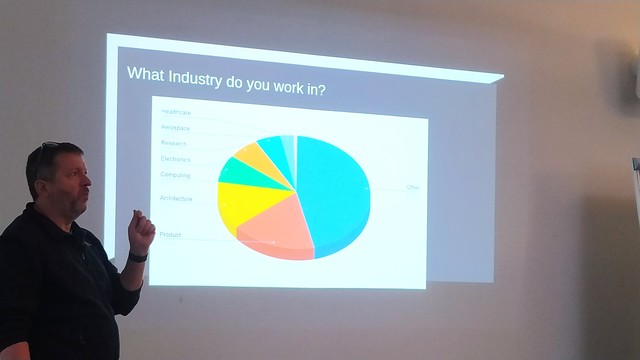 Brad stood in front of a pie chart breaking down freecad user information. 