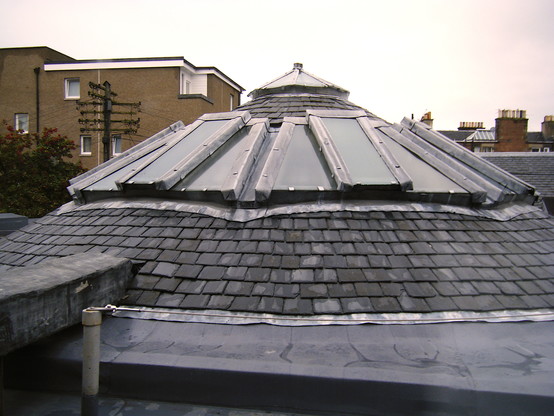 Photo of the outside of a dome housing a sky light. The dome is covered in slate tiles, and there are modern fittings over the top of the old windows in the skylight. Edinburgh.