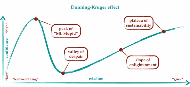 Dunning Kruger Effect - Perceived Knowledge on a topic. All people have high confidence when they learn a topic called Mount Stupid. Over time, we all realize that we don't know much of what we thought we knew; that is the Valley of Despair. Over time, as we gain more knowledge, we reach the "Slope of Enlightenment" and the "Plateau of Sustainability."