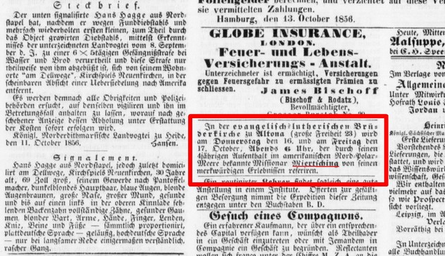 Seite einer Hamburger Zeitung von 1856 mit einer Anzeige über einen Vortrag Miertschings