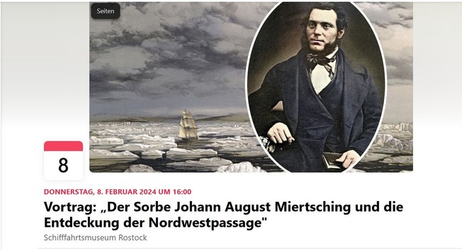 Ankündigung eines Vortrags am 8. Februar 2024 im Schiffahrtsmuseum Rostock über Johann August Miertsching 
