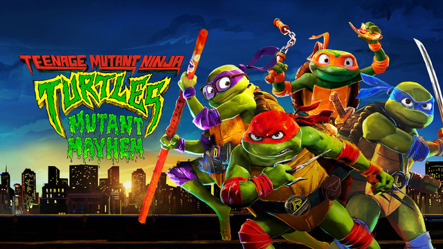 Der Schriftzug "Teenage Mutant Ninja Turtles: Mutant Mayhem" ist über der New Yorker Skyline zu sehen. Daneben posieren vier menschengroße Schildkröten mit verschiedenen Ninja-Waffen