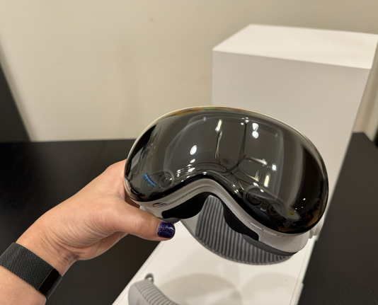 I'm holding onto the Vision Pro with its ski goggles lenses facing the camera