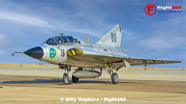 Saab Sk35C Draken 35-810 SX-DXP of the Swedish Air Force Historic Flight at Jersey Airport, Channel Islands EGJJ. 