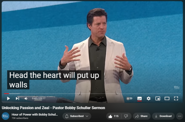 https://www.youtube.com/watch?v=1YWfAdNEwi4
Unlocking Passion and Zeal - Pastor Bobby Schuller Sermon

2,532 views  27 Jan 2024  SHEPHERD'S GROVE
Hour of Power: Pastor Bobby Schuller shares a message titled, Unlocking Passion and Zeal." Pastor Bobby Schuller encourages that anything you do in life, do it with passion, love and enthusiasm.

🔗 Full service:   

 • Unlocking Passion and Zeal - Hour of ...  

🔔 Subscribe for weekly inspiration: https://bit.ly/3yMUtEr
💪 Support Hour of Power: https://bit.ly/3GrKKGI

Connect with us on social media:
📘 Facebook: https://bit.ly/3zxnC6O
📸 Instagram: https://bit.ly/3FFf3ut