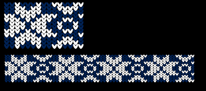 Chart with stylized knit stitches of a nordic stars and circles pattern in white with dark blue background.