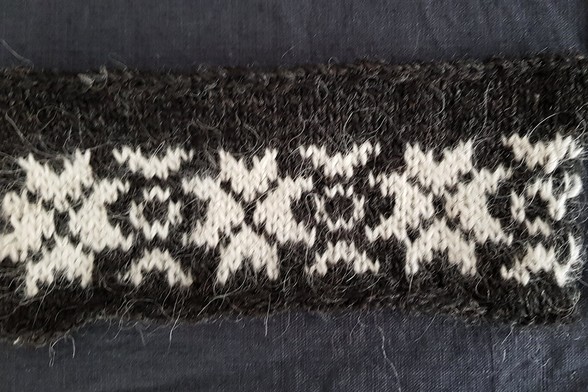 Knitted piece with a stranded knitting pattern consisting of nordic stars and circles in white on dark grey background.