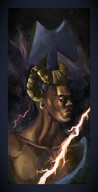 A painting of Sogbo with ram horns and lightning striking around him. He seems to be wearing a metal blade on his head.