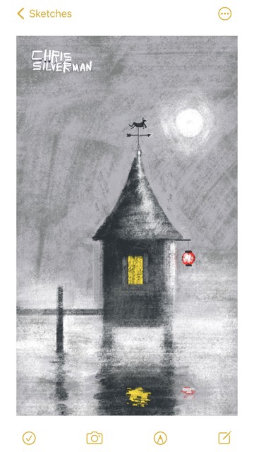 A small house with a pointed conical roof, placed on stilts in the water at the end of a dock. It has a single yellow glowing window, and there is a slight fog around it. From the right side, under the roof, hangs a red lantern. There is a full moon in the sky. It's night: a cold winter night with a gray sky.