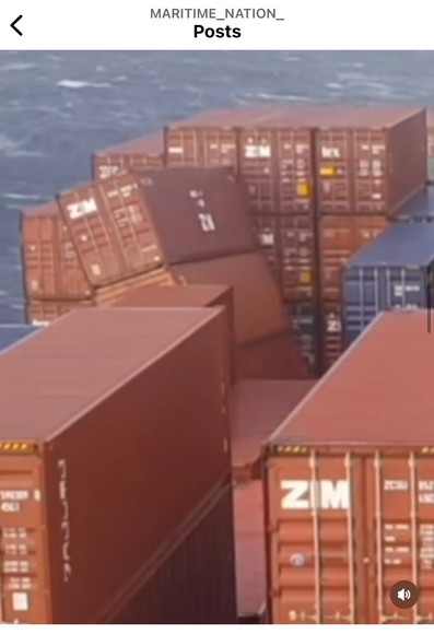 screenshot of a video on the Instagram account for Maritime Nation, showing a ship in choppy waters and shipping containers falling into the ocean.