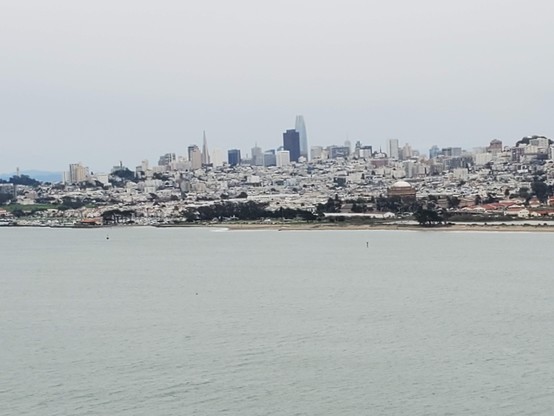 San Francisco skyline as seen from the Golden Gate Bridge; the cloud dragons were perfecting their coverage, but it still makes a good photo.