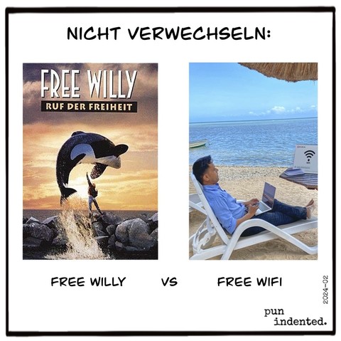Überschrift: Nicht verwechseln. Ein Filmplakat, auf dem ein Orca über einen kleinen Jungen springt. Daneben ein Bild eines Mannes, der in einer Strandliege am Laptop arbeitet. Bildunterschrift: Free Willy versus Free Wifi.