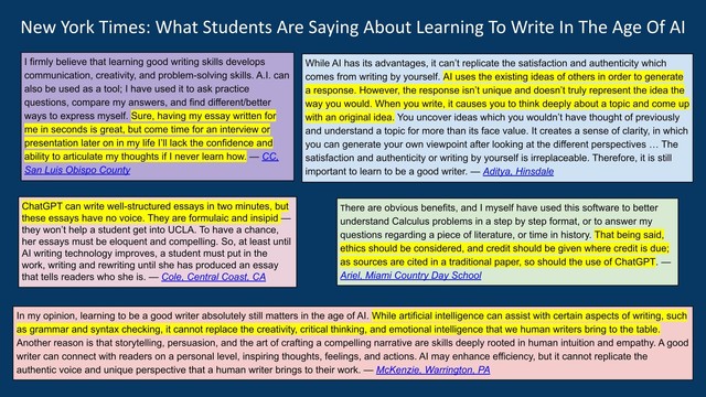 A collection of excerpts from a New York Times feature of teenage writers, expressing their thoughts about the role of GenAI for writing.
