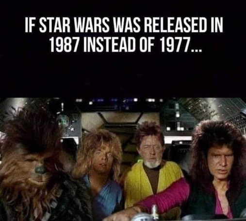 picture of Chewbacca, Luke, Obi Wan Kenobi and Han Solo dressed in 1980ies clothing...