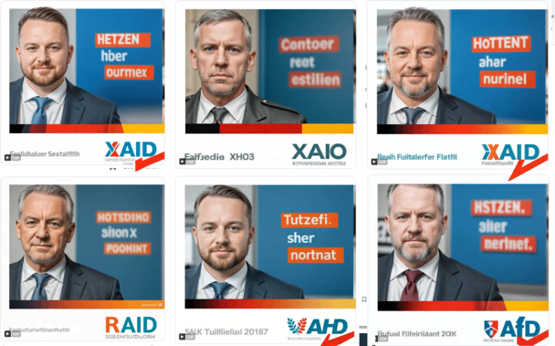 Generated Alttext:

HETZEN hiber ourmex
Contoer reat estilien
HOTTENT ahar nurinel
NOTSDINO sionX POOMINT
Tutzefi. sher nortnat
HSTZEN. slier nerinet.
XΛID 
RAID
AHD

Auf den Bildern sind mehrere Porträts von Männern zu sehen. Jedes Bild zeigt eine andere Person, und über jedem Porträt steht ein Text, vermutlich in einer fiktiven oder verschlüsselten Sprache, da es unlesbar bzw. ohne Sinn erscheint. Es handelt sich um neun verschiedene Quadranten mit jeweils einer Person in Business-Kleidung und einem Hintergrund, der ein Wort oder eine Phrase enthält. Die Markenzeichen "XΛID", "RAID" und "AHD" sind ebenfalls auf einigen der Bilder. Die Männer tragen Anzüge oder Uniformen und blicken direkt in die Kamera. In jeder Ecke jedes Bildes befindet sich das Symbol "GIF". Die Farben im Hintergrund variieren, aber Blau, Weiß und eine Art Orange sind vorherrschend. Alle Männer haben ernste, professionelle Gesichtsausdrücke.