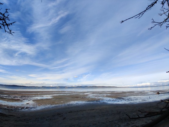 A wide angle shot looking out at a beach, mid-tide.