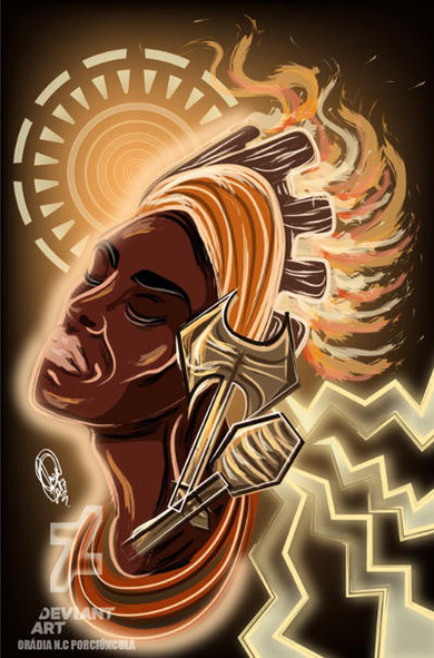 Drawing of the thunder god Nzazi with a flaming crown and lightning streaming from his person.