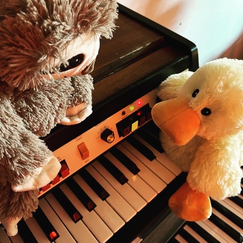 duck and sloth using a drum machine