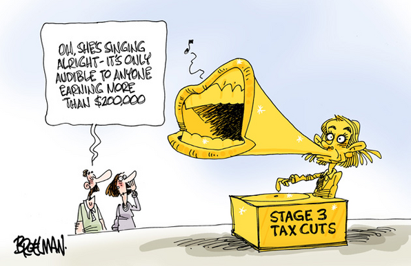 An old couple looking on to an old yellow mechanical STAGE 3 TAX CUTS wind-up grammo fone that has all the characteristics of a Sussan Ley Phono Graph. Her horn is her mouth and teeth, her tonearm is her right arm, her needle is her right hand first finger, her plate is a gold 78, her cross-eyes are wild.
He says to her:
OH, SHE'S SINGING ALRIGHT - IT'S ONLY AUDIBLE TO ANYONE EARNING MORE THAN $200,000