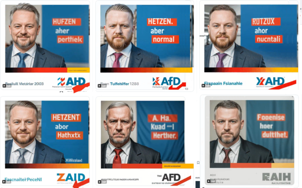 Generated Alttext:

Dieses Bild zeigt mehrere Wahlplakatähnliche Darstellungen eines Mannes in verschiedenen Posen. Auf jedem Plakat steht in großen Buchstaben ein anderer Text, welcher sinnentstellend durch Buchstabenumstellungen verändert wurde. Auf jedem Plakat findet sich das Logo der "AfD", allerdings verändert zu "AHD" inklusive eines Schriftzugs "gif" als ein fiktives Parteilogo. Links unten auf den Plakaten finden sich außerdem unleserlich veränderte Texte, welche das übliche Impressum auf deutschen Wahlplakaten imitieren. Darüber hinaus sind farblich und stilistisch variierende Trace-Codes und Seriennummern zu sehen.

Die Plakate variieren in der Abwandlung des AfD-Logos, den Porträtfotos des Mannes, der Ausrichtung des Textes und in den Hintergrundfarben. Der Mann trägt auf allen Bildern einen Anzug und variiert in seiner Mimik. Diese visuellen Elemente wurden offensichtlich digital bearbeitet, um eine humoristische oder kritische Aussage zu erzeugen.