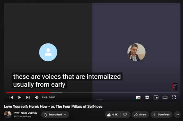 https://www.youtube.com/watch?v=2vzBf9QvClo
Love Yourself: Here’s How - or, The Four Pillars of Self-love
143,172 views  12 May 2020  Mind of the Psychopathic Narcissist
NEW CHANNEL Nothingness: Antidote to Narcissism
  

 / @nothingnessnonarcissism  

Self-love is not Narcissism http://samvak.tripod.com/faq23.html
 
Self-love is a healthy self-regard and the pursuit of one's happiness and favorable outcomes. It rests on four pillars:
 
1. Self-awareness: an intimate, detailed and compassionate knowledge of oneself, a SWOT analysis: strengths, weaknesses, others's roles, and threats
 
2. Self-acceptance: the unconditional embrace of one's core identity, personality, character, temperament, relationships, experiences, and life circumstances.
 
3. Self-trust: the conviction that one has one's best interests in mind, is watching one's back, and has agency and autonomy: one is not controlled by or dependent upon others in a compromising fashion