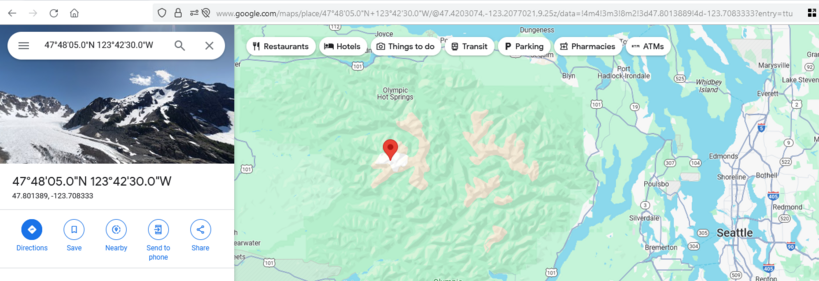 To confirm it found the correct point: the lat/long we got back corresponds to the West Peak of Mount Olympus in Olympic National Park in Washington, US, which is indeed the highest point inside that area.