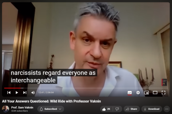 https://www.youtube.com/watch?v=XwaZkD4XFnE
All Your Answers Questioned: Wild Ride with Professor Vaknin


63,533 views  12 Oct 2020  Interviews and Lectures
NEW CHANNEL Nothingness: Antidote to Narcissism
  

 / @nothingnessnonarcissism  

Dorcas Williams, my interlocutor, says: "This is not another, "Sam, tell us what narcissism is again..." interview. If you're looking for one of those, there are plenty already on his channel. No! In this interview he speaks about embracing nothingness, Jordan Peterson, physics, and something called psychophysics. He also discusses the progress and future of the pandemic. In the final quarter of the interview, he opens up about his experience attending university as a child and he reveals how many languages he knows. Watch until the VERY end to find out his favorite food! 

1:47 Dr. Vaknin on the stories we use to relate to reality 

7:07 Was "embracing nothingness" a response to Jordan Peterson? 

16:42 What's an example of a problem that isn't a problem?
