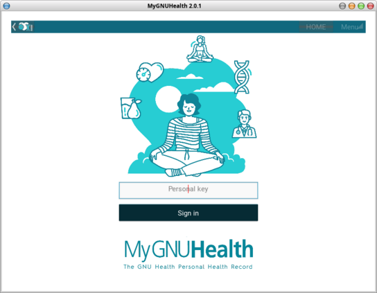 MyGNUHealth login screen . A girl relaxing in a lotus position. Some icons around her depicting health determinants, like exercise, lifestyle, nutrition and genetics.