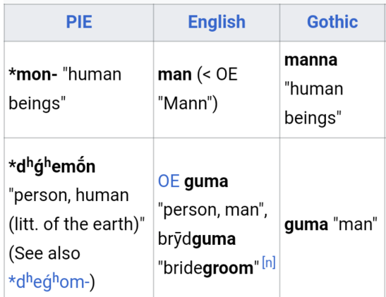 PIE English Gothic manna *mon- "human  man (< OE " uman beings" "Mann") o beings *dhghemon . OE guma person, human | . ] person, man", (litt. of the earth)" =~ _ guma "man” brydguma (See also : [l . "bridegroom" " *dheghom-) 