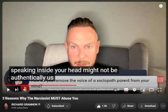 https://www.youtube.com/watch?v=1EyYbaIUtUc
3 Reasons Why The Narcissist MUST Abuse You


25,343 views  Streamed live on 1 Feb 2024
Join 30-day challenge now - https://richardgrannon.com/


00:00 - Intro
02:02 - Narcissists need to abuse targets
05:15 - Vulnerable children are instrumental in narcissists abuse
13:54 - Facetoface interaction requires simulation
14:42 - Self-loathing and aggression in narcissistic relationships
22:23 - Integrating Summoning The Self course with 30 day challenge
23:39 - Discussing the differences between NPD and BPD
28:07 - Removing the voice of sociopathic parents with qualified clinicians
30:51 - Heterosexual narcissists fuse with lesbians
34:25 - Love offers trust, and healing in relationships
37:37 - Absolute wanton, joyful, chaos, loving, pain-loving
40:27 - Psychedelic boundaries help avoid psychotic risk
41:12 - Discussing the proliferation of reality TV
45:50 - Difference between MPD and BPD
46:49 - Borderline Personality Disorder Indefensible, Outofdate diagnosis, misdiagnosed
48:59 - Psychology diagnostic criteria for personality disorders
53:50 - Psychopathic disorder Fragile, comorbid, unpredictable
58:36 - Bpd psychotic, a fragile narcissist with a psychopathic side