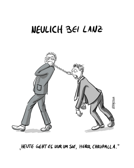 Im Cartoon zieht AfD Chef Chrupalla Markus Lanz am Nasenring durchs Bild, während der Sendung sinnbildlich durch die Manege.