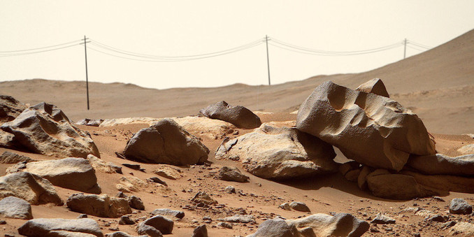 A real image from Jezero Crater on Mars, with three power line posts and sagging cables superimposed. Two of the poles are leaning to the left while the distant third is leaning to the right, creating a vague feeling of abandonment.