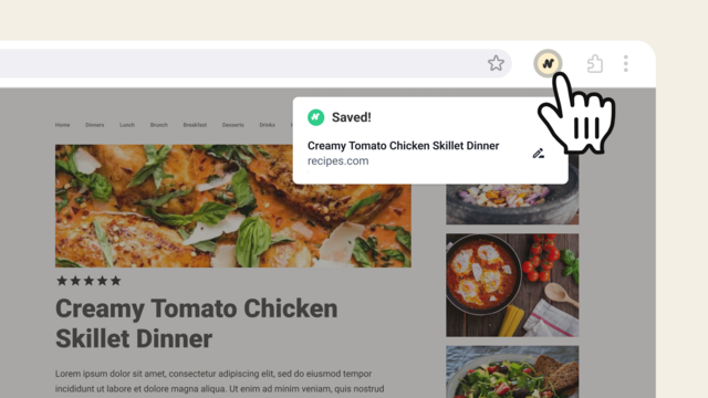 A screenshot of a web browser with a hand-shaped mouse pointer clicking on the Niphtio extension button. Below the button is a message indicating that the current page, a Creamy Tomato Chicken Skillet Dinner recipe, has been saved.
