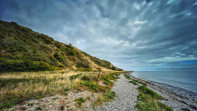 Green steep coast of Jernhatten, Denmark, with a cloudy sky, a little pebble path and a calm Baltic Sea.