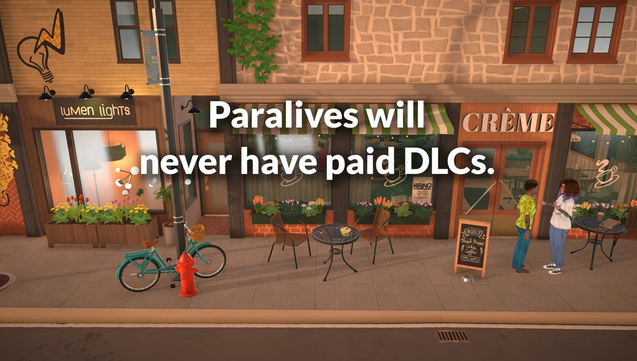 A screenshot of the gameplay video (showing a street with a large café, and two Paras talking to the right), with the words "Paralives will never have paid DLCs".