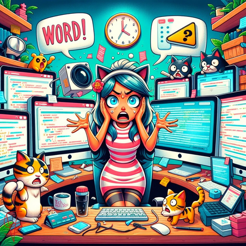 The image portrays a whimsical office setting where a female character is surrounded by multiple computer screens, each showing a different aspect of WordPress that's causing frustration. The screens display confusing code, limiting design templates, and error messages. The character has a comical expression of bewilderment and exasperation, humorously capturing her frustration with the platform's limitations.  Playful elements add to the scene's lightheartedness: a cat pressing a keyboard button causing an error message to pop up, and a dog with a puzzled look, wearing a 'tech support' hat. The setting is vibrant and chaotic, reflecting the digital dilemma of finding a platform that offers creative freedom.  The hashtags #WordPressWoes and #DigitalDilemma are integrated into the scene in a fun font, emphasizing the writer's moment of frustration and her ongoing quest for a platform that aligns with her vision and goals. The overall image is engaging and funny, illustrating the challenge of navigating the complexities of digital platforms for creative expression.     