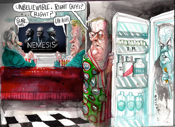 Jim Chalmers and Tony Burke are watching [Abbott, Morrison, Turnbull NEMESIS] on the big screen, POPcorn in hand, in for the long haul. Anthony Albanese in his rabbito dressing gown is at the fridge. Inside the fridge we see Bill Shorten.
Albo: UNBELIEVABLE. RIGHT GUYS? RIGHT?
Jim: SURE... SURE.
Tony: UH HUH
Bill: SHIVER