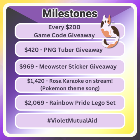 Overall image background is a nonbinary gradient with a white rounded square just off the edge. In the top right corner, a cartoon calico cat sits above a banner bar. Text reads: MILESTONES Every $200 - game code giveaway. $420 - PNG tuber giveaway. $969 - Meowster sticker giveaway. $1420 - Rosa Karaoke on stream (Pokemon theme song). #VioletMutualAid