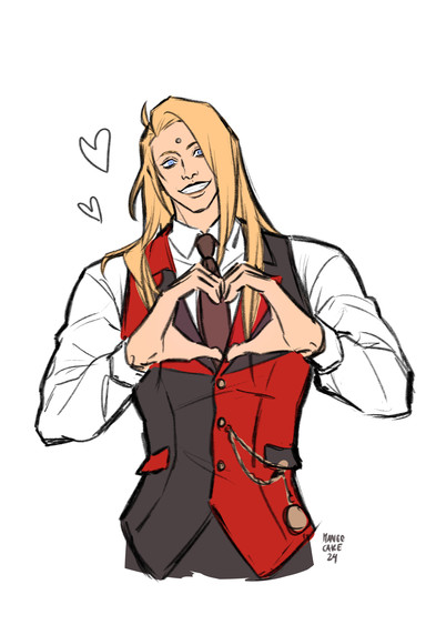 Half body sketch of Zenos yae Galvus from FFXIV looking happily at the viewer and forming a heart with his hands.