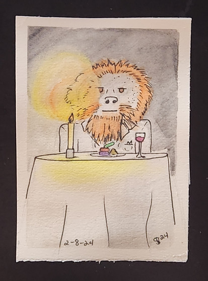 Watercolor painting of an orangutan having a candle lit dinner at a fancy restaurant that he is not impressed with.