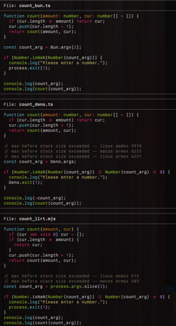 Screenshot of 3 files that test Tail Call Optimization stack sizes for the bun, deno and llrt runtimes