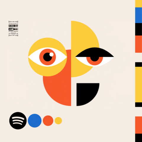 The Skeewiff logo is a stylised bauhaus bird man in orange yellow and black