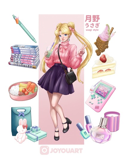 A digital illustration of a girl with blonde hair and blue eyes. She is making a peace sign with one hand while holding a green bubble tea drink in the other.

She is surrounded my miscellaneous items indicating her character's interests and hobbies.