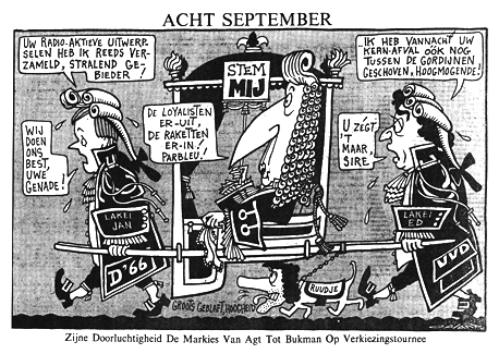 spotprent van Opland, uit 1982.
Van Agt wordt in een draagstoel vervoerd, door voorop lakei Jan Terlouw, achterop lakei Ed Nijpels en onder de draagstoel meelopend, met een ketting aangelijnd aan de draagstoel de schoothond Ruud Lubbers

titel: 'Zijne doorluchtigheid De Markies van Agt tot Bukman op verkiezingstournee.'

In De Volkskrant van 21 augustus 1982 snierde Opland over 'lakei Ed' (Nijpels) en 'lakei Jan' (Terlouw) die Dries van Agt als een moderne Zonnekoning behandelden. Het resultaat? Na de verkiezingen van 8 september 1982 kreeg Nederland een kabinet van CDA en VVD, aangevoerd door premier Lubbers - door Opland nog als het hondje van Van Agt afgeschilderd.