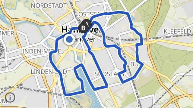 Route durch Hannover in Form des Natenom-Elefanten. Start ab Goseriedeplatz, 11:30 Abfahrt am Sonntag 11. Feb. 