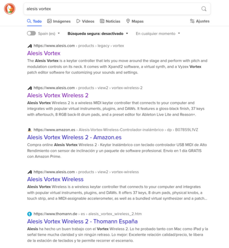 Duckduckgo search results showing as the 1st results the web page of the "Alesis Vortex" keyt, and then one Amazon ad as the 3rd result.