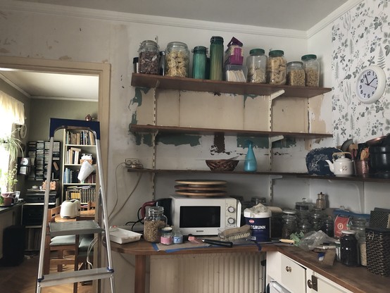 Stripped wall in between shelves.