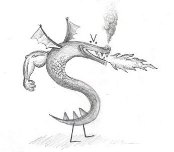 Trogdor the Burninator, a pencil sketch of a S-shaped dragon with small wings and a beefy human arm sticking out of its back