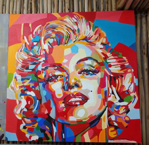 a painting of marilyn monroe, done in a prismatic geometric psychedelic style, lots of red, orange, white, and some blue, she looks at the viewer 